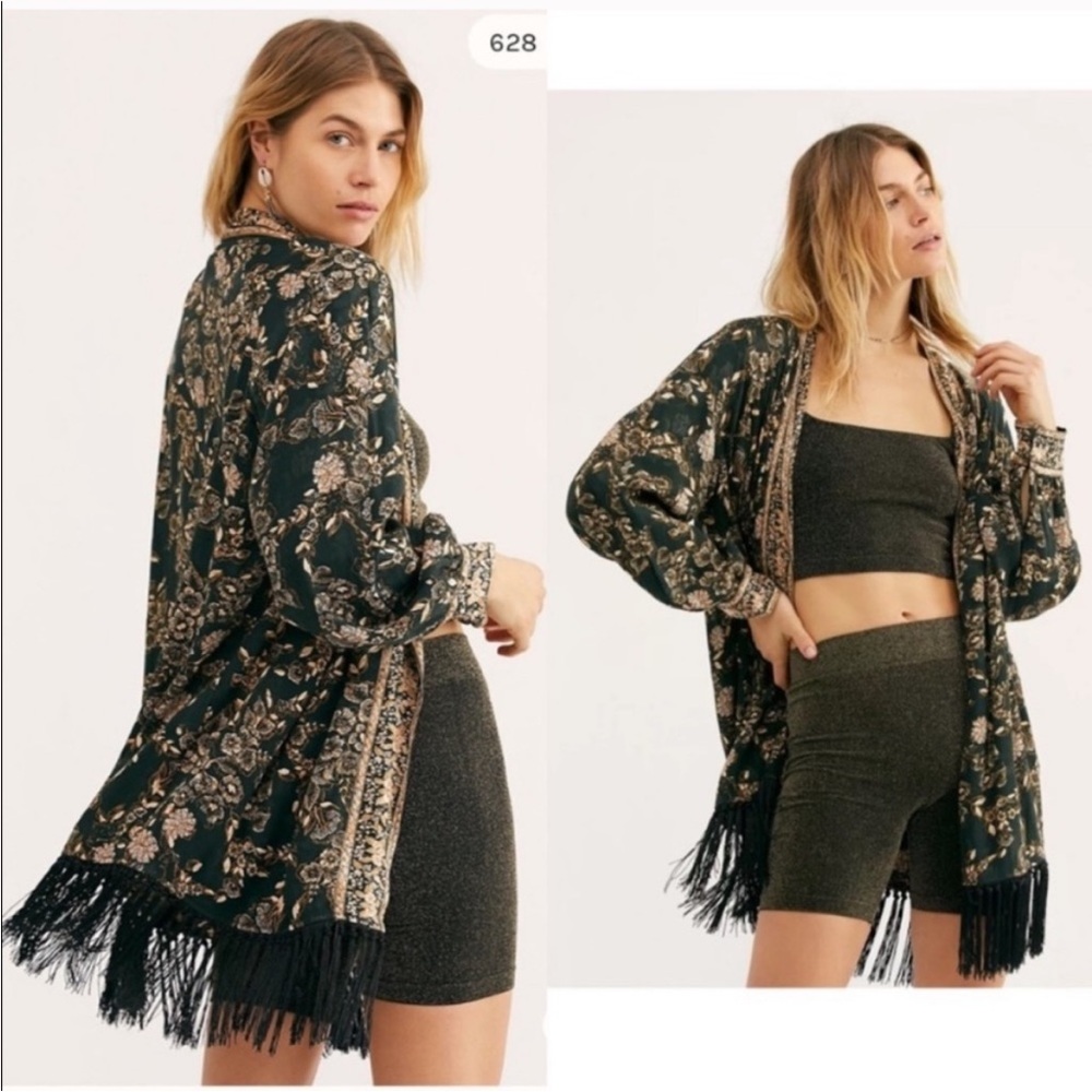 Free People Kaelin Embroidered Floral Fringe Kimono Open Jacket Size M